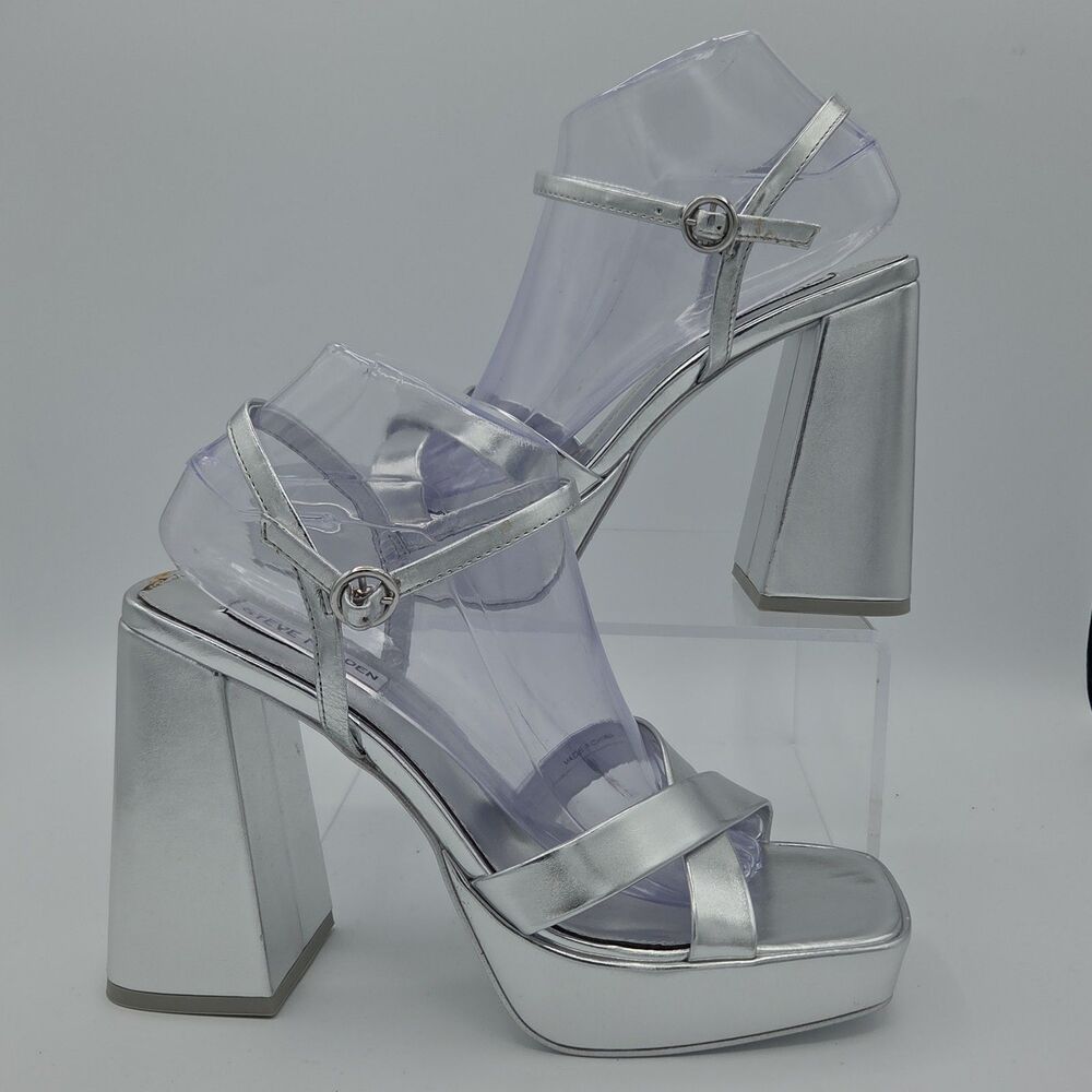 Steve Madden Crazy Womens 9M Metallic Silver Platform Block Heel Sandals ICRAZ02